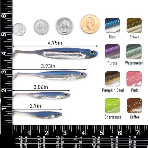 Dr.Fish Paddle Tail Swimbaits, Soft Fishing Lures for Bass Fishing 2.75-4.75 Inches, Freshwater & Saltwater Soft Plastic Baits Swim Shad Bait Minnow Lures Drop Shot - color: Blue, size: 3.93"-5 Pack