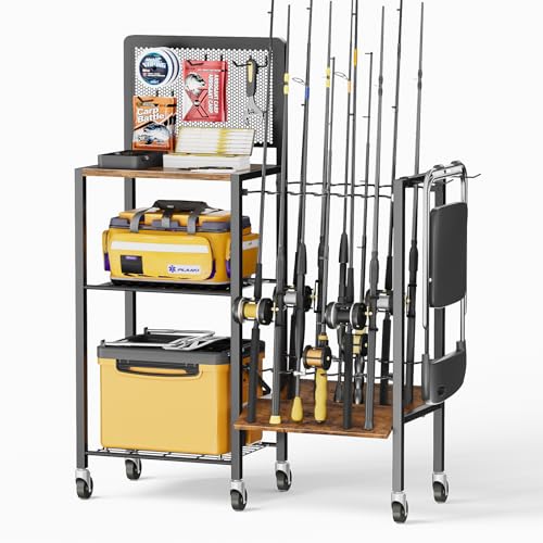 Olakee Fishing Rod Holders, Rolling Fishing Rod Rack for Garage & Boat, Tackle Box & Reel Holder Cart, Easy Assembly Fishing Gear Management System, Ideal Birthday Gift for Men Dad Anglers - color: 12 Rods,Brown