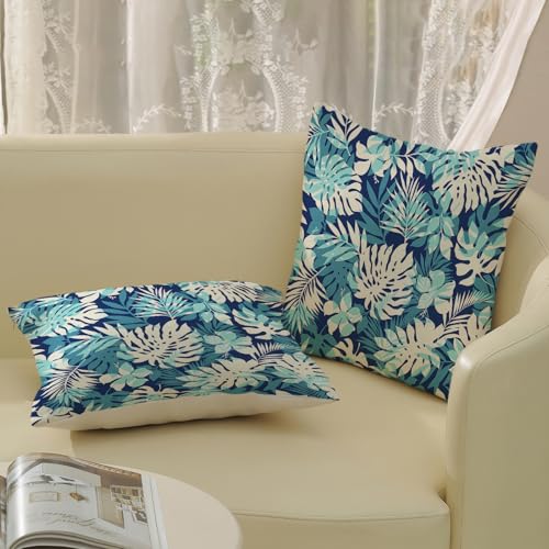 Navy Blue Summer Outdoor Pillow Covers 16x16 Inch 2 Pcs Aqua Teal Palm Leaves Tropical Leaf Decor Throw Pillows Botanical Coastal Decoration Pillowcase Linen Cushion Cover for Couch Sofa - color: Navy Blue Teal Palm, size: 16" x 16" (Pack of 2)
