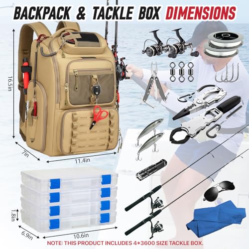 Fishing Tackle Backpack,Tackle Bag with 2 Rod Holders & 4 Tackle Boxes,Water-Resistant Large Storage Fishing Gear and Equipment, Fisher Gifts for Men, Khaki - color: B-Khaki with 4 Tackle Boxes