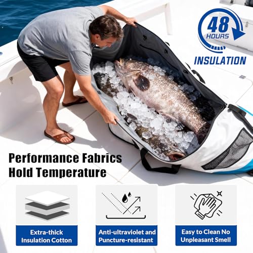 THKFISH Fish Cooler Bag Insulated Fish Kill Bag for Caught Fishing, 70in Waterproof Fishing Catch Bags with Smooth Water-Resistant Zipper Keep Ice-Cold & Fresh Over 48H - color: BLUE--70"*28.5"*11.5"