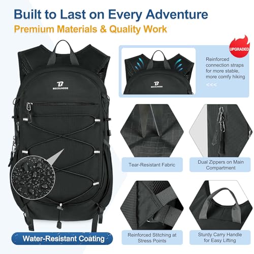 BECOJADDE Hiking Backpack 20L Small Backpack Packable Day pack Water Resistant Lightweight Travel Backpack for Women Men with Shoulder Strap Pockets for Hiking Camping Outdoor, Black - color: Black, size: 20L