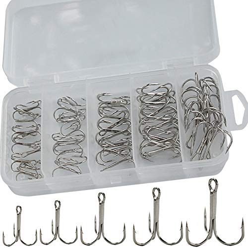 Drasry Fishing Treble Hooks Set for Saltwater Freshwater Size 1/0 to 16 High Carbon Steel Different Fish Hook 50pcs/Box - color: Silver, size: #6 to #1/0 Large