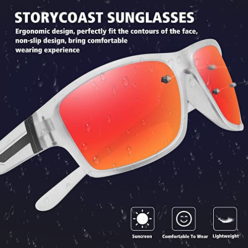 STORYCOAST Polarized Sports Sunglasses for Men Women Unbreakable Frame Cycling Fishing Driving - color: Matte Clear Frame-red Mirror Lens