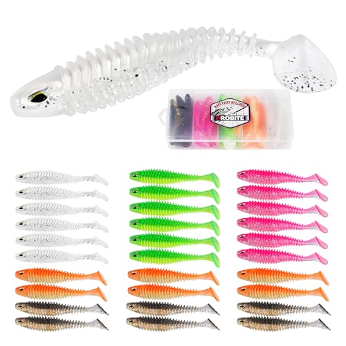30pcs Soft Plastic Swimbaits with Paddle Tail, T-Tail Fishing Lures for Vertical Jigging and Casting, Freshwater Swimbaits for Bass, Trout, Walleye & Crappie - color: Dual Ribbed, 2.5''