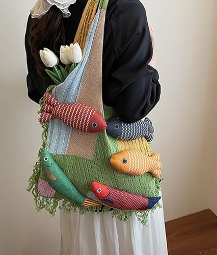 Knitted Beach Shoulder Bag for Women 3D Fish Bohemian Tote Versatile Purse Soft Hobo Handbag for Summer Vacation 2026 - color: A Green