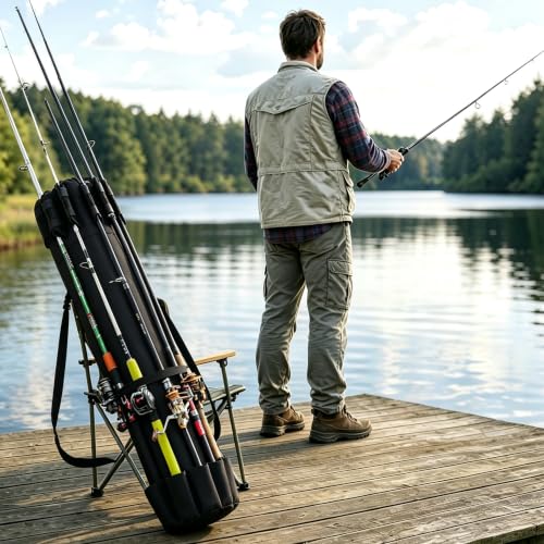 AGOOL Fishing Pole Bag with Rod Holder Fishing Rod Bag, 5 Rod & Reel Organizer Bag Waterproof Large Capacity Fishing Tackle Storage Bag Travel Carry Case Fishing Gifts for Men - color: Black
