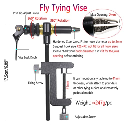 GREATFISHING 360° Rotation C-Clamp Fly Tying Vise Hardened Steel Jaws Jig Lure Making Tool Fly Tying Tool Kit
