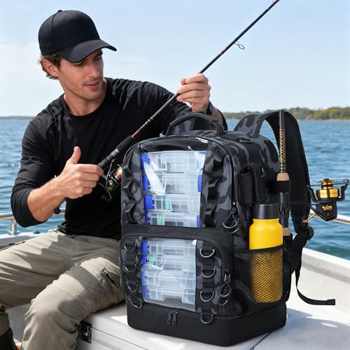 Fishing Tackle Backpack with 4 Tackle Boxes,45L Large Tackle Bag with 2 Rod Holders & Clear Window,Outdoor Fishing Backpack for Fishing,Camping,Hiking,Camouflage - color: Camouflage Black(with 4 Tackle Boxes)