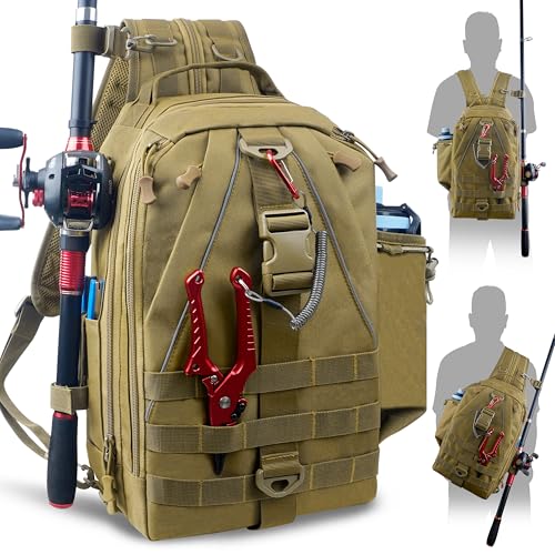 SILANON Fishing Tackle Backpack Wateproof Fishing Backpack with Rod Holder Lightweight Sling Tackle Bag Gift for Men - size: Large (9.84*6.3*15.7 In)