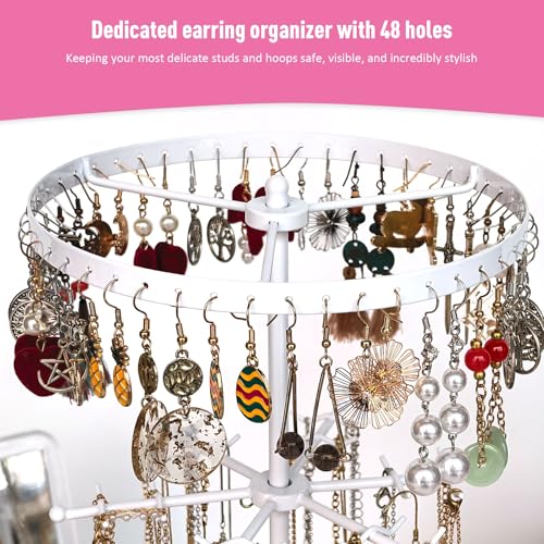 360 Rotating 2-Tier Jewelry Organizer Stand, Large Earring Holder Organizer with 48 Holes for Studs，24 Prongs for Necklaces, Wide Base for Bracelets, Watches, Lipstick, Jewelry Display Stand for Women - color: Metal,2-Tier,White