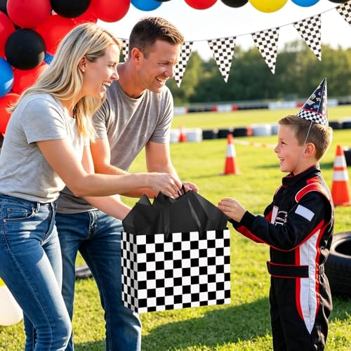 Hooqict Large Checkered Gift Bag Black and White Race Car Gift Wrap Bag with Handles, Tissue Paper, Greeting Cards for Kids Boys Snack Goodie Treat Candy Party Favors - color: Checkered