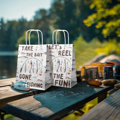 SamPartyShop 24 Pack Fishing Party Favor Bags for Kids – Gone Fishing Goodie Bags with Handles, Fishing Birthday Decorations, Fishing Party Supplies for Boys