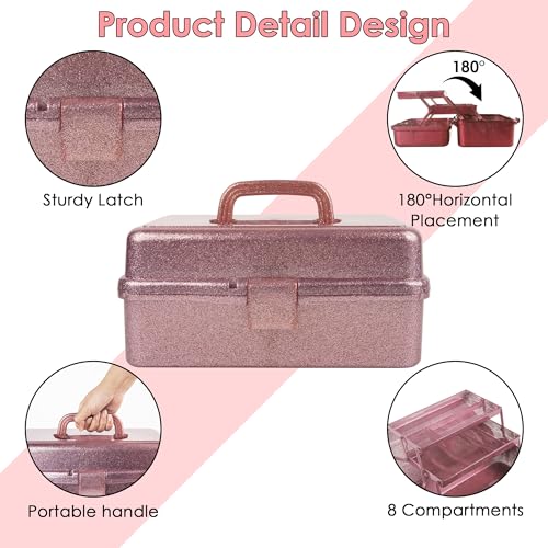 Glitter Pink 3 Layer Craft Storage Box, Pink Tackle Box Organizer for craft tool, Cosmetic Organizer for girls - color: Hot Blush