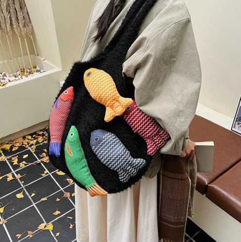 Knitted Beach Shoulder Bag for Women 3D Fish Bohemian Tote Versatile Purse Soft Hobo Handbag for Summer Vacation 2026 - color: E Black