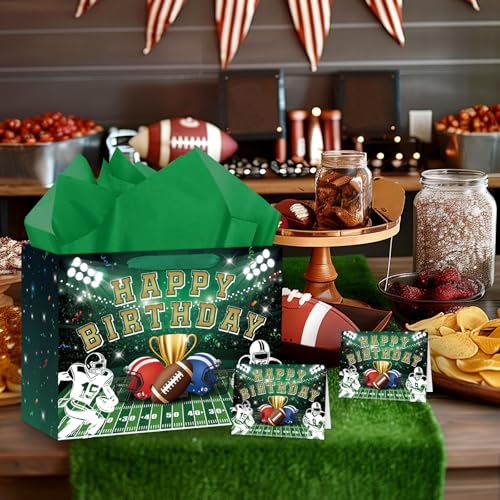 Hooqict Large Football Gift Bag with Handles, Tissue Paper and Greeting Card Football Birthday Party Gift Wrapping Bag for Boys Men Sport Themed Goodie Treat Party Favors - color: Rugby