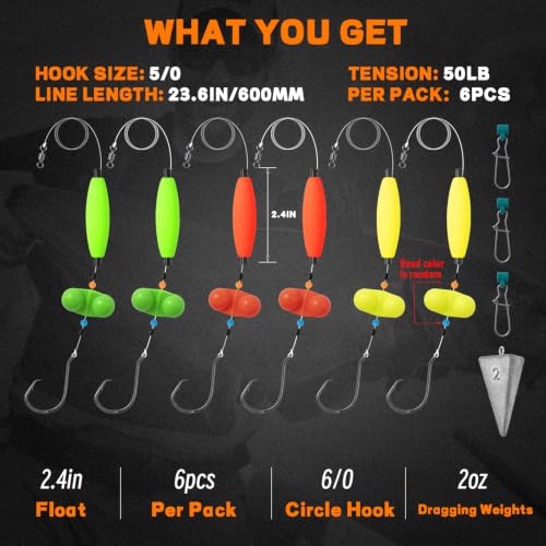Catfish Rigs Catfish Float Rigs Catfishing Tackle Santee Rig 5/0 6/0 Circle Hooks for Peg Floats Catfish - size: 6/0 HOOK * 6PCS with Weight 2 oz