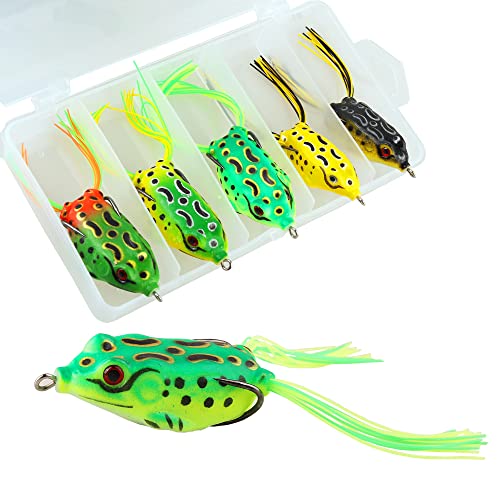 5PCS Topwater Frog Lures Set with Box, Realistic Soft Hollow Body Fishing Lures for Bass Snakehead Pike Bowfin, Weedless Freshwater Simulated Frog Baits