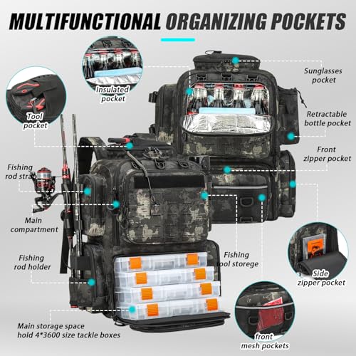 Tactical Fishing Tackle Backpack with Tackle Boxes, Rod Holders, Bottle Holder, 50 L Large Insulated Fishing Backpack Tackle Box with Cooler, Fishing Bag Store Gear & Equipment, Black CM - color: Black CM