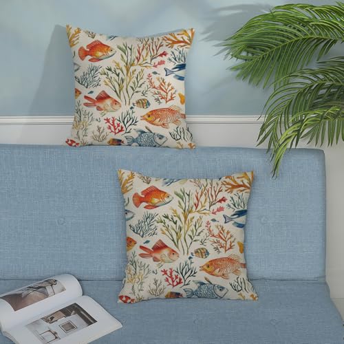 Summer Coastal Pillow Covers 16x16 Inch 2 Pcs Colorful Fish Coral Outdoor Decor Throw Pillows Nautical Beach Sea Ocean Themed Holiday Decoration Pillowcase Linen Cushion Cover for Couch Sofa - color: Colorful Fish Coral, size: 16" x 16" (Pack of 2)