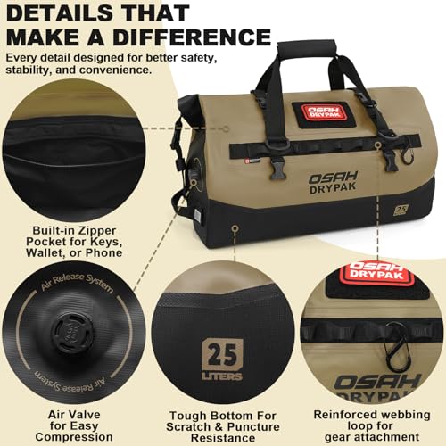 OSAH DRYPAK Waterproof Duffel Bag 25L/40L/60L – Heavy-Duty Motorcycle Tail Bag, Roll-Top Dry Bag for Travel, Camping, Boating, Kayaking, Outdoor Adventure - color: BROWN, size: 25L