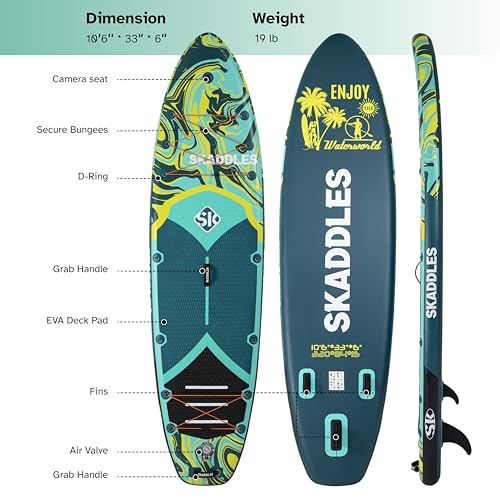 10’6’’ Inflatable Stand Up Paddle Board (SUP) for Adults and Youth with Non-Slip Deck – Complete Accessories Kit, for Fishing, Yoga, Fitness & Family Fun - color: dark green water ripple