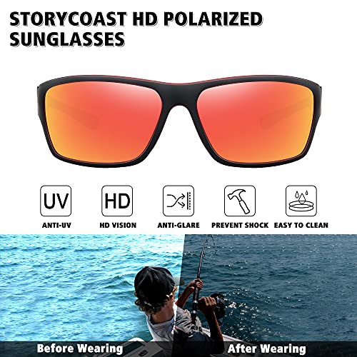 STORYCOAST Polarized Sports Sunglasses for Men Women Unbreakable Frame Cycling Fishing Driving - color: 2pack Black+red Mirror