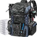 Piscifun Fishing Tackle Backpack with Rod Holders & 4 Tackle Boxes, 42L Outdoor Fishing Bag with Waterproof Rain Cover - color: Balck Camouflage