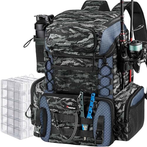 Piscifun Fishing Tackle Backpack with Rod Holders & 4 Tackle Boxes, 42L Outdoor Fishing Bag with Waterproof Rain Cover - color: Balck Camouflage