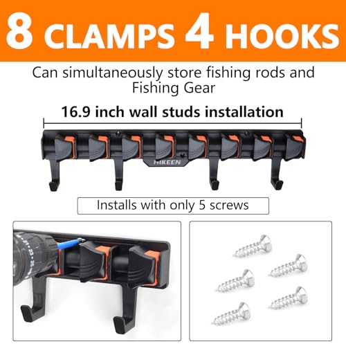 Fishing Rod Holders, Wall Mounted Fishing Rod Rack, Fishing Pole Holder Holds Up to 8 Rods or Combos, Fishing Rod Holders for Garage with 4 Hooks, Fits Most Rods of Diameter 3-24mm - style: Orange-2Pack