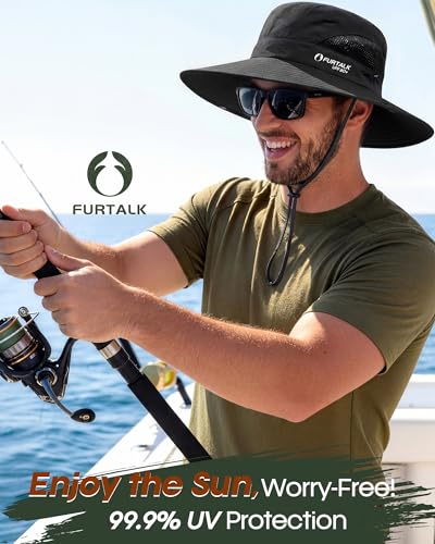 FURTALK Mens Bucket Sun Hat UPF 80+ Wide Brim Hiking Fishing Beach Outdoor Hats - color: Black