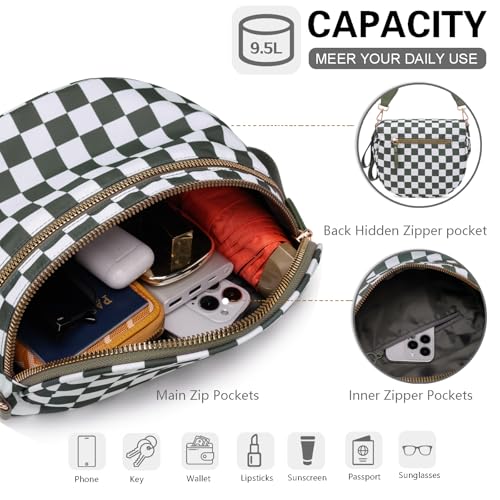 Pure Colour Crossbody Bum Bags for Women Spacious Checkered Cross body Bag Nylon Trendy Fanny Pack for Travel - color: Beans Green Checkered
