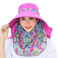 Women Wide Brim Face Mask Sun Hat Detachable Neck Face Flap Ponytail UV Protection Visor Hat Garden Fishing Hiking - color: M9099-hot-pink