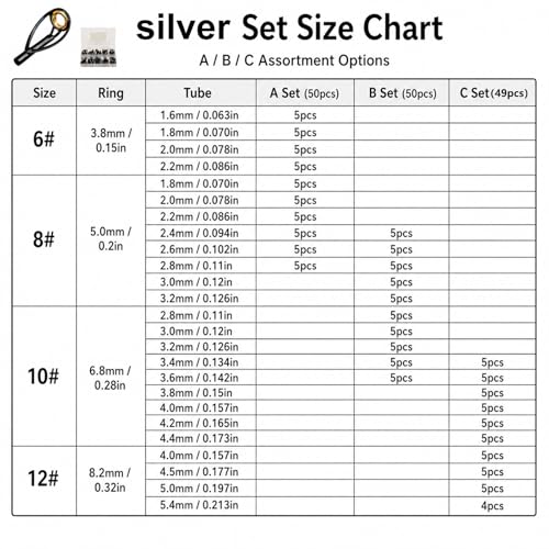 50PCS Fishing Rod/Pole Replacement Stainless Steel Tip Tops Repair Kits for Surf,Spinning, Casting - color: A-BMGT-50PCS