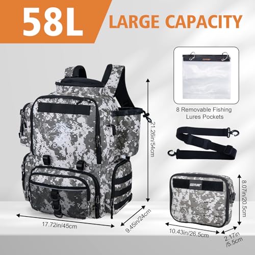 Goture Fishing Backpack, 58L 900D Water-Resistant Insulated Tackle Backpack with Cooler, Rod Holders, 8 Lure Pockets, Detachable Crossbody Bag, Gear Storage Large Fishing Bag for Camping Hiking - color: Digital Camo