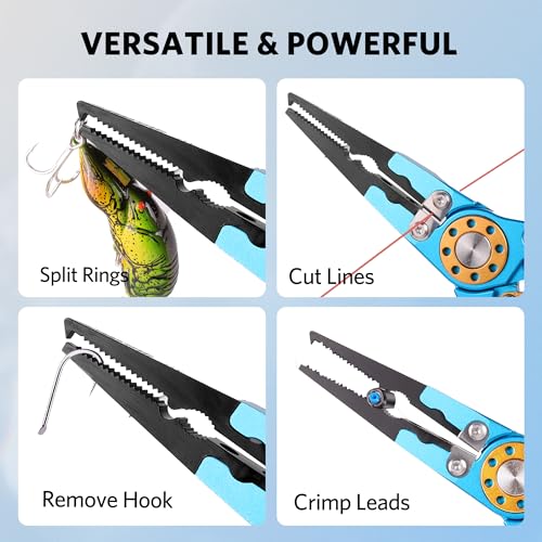 Fishing Pliers Saltwater, Split Ring Pliers Hook Remover with Safety Lock, Fishing Tools with Sheath and Lanyard, Fishing Gifts for Men - color: Blue