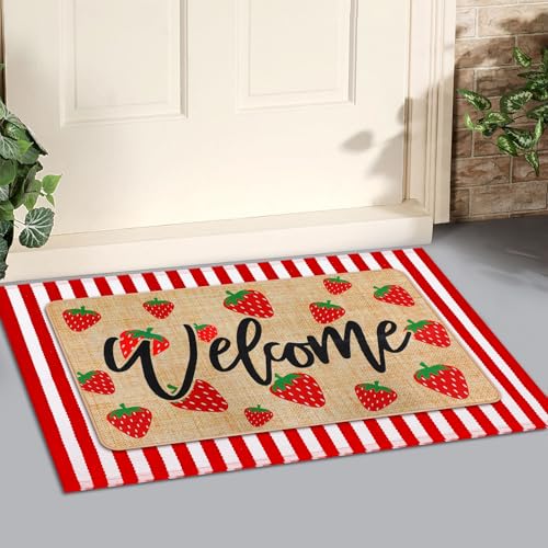 Tinideya 2 Pcs Strawberry Layered Door Mats Outdoor Cute Summer Strawberry Welcome Front Door Rugs Non Slip Floor Mats for Porch Entryway Outdoor - size: 16 x 28 Inch,24 x 35 Inch, style: Strawberry