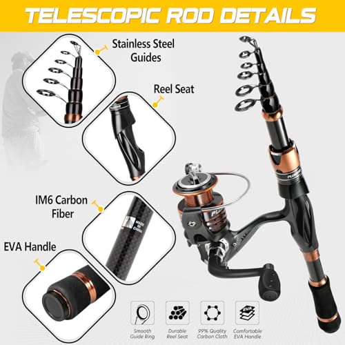 PLUSINNO Fishing Rod and Reel Combos, Bronze Warrior Toray IM6 Carbon Matrix Telescopic Fishing Rod Pole, 12 +1 Shielded Bearings Stainless Steel BB Spinning Reel, Travel Freshwater Fishing Gear - color: Fishing rod+reel(No Lures&Line), size: 2.40M / 7.87