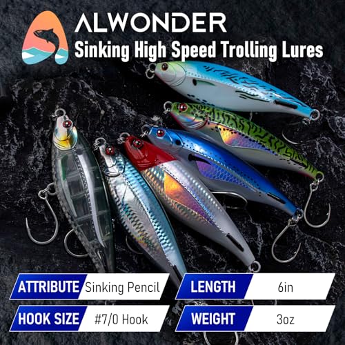 Alwonder High Speed Trolling Lures Saltwater Fishing Lures 6"/3oz Sinking Twitch Bait 7/0 Hook Deep Diving Jerkbait Fishing Plug Offshore Lure for Tuna Striper Mackerel - color: Transparent Green