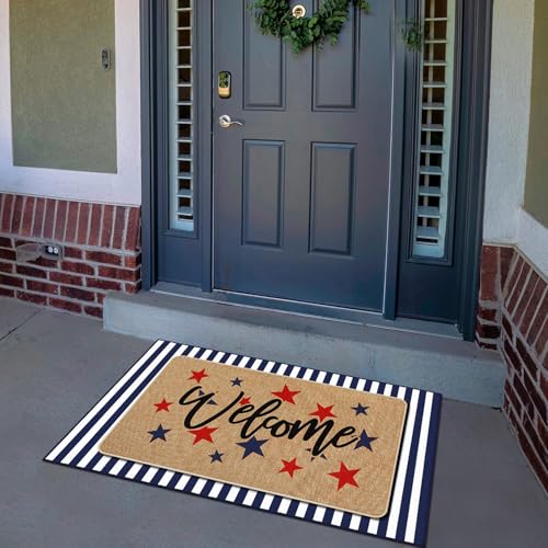 Tinideya 2 Pcs 4th of July Door Mat Outdoor Patriotic 250th Anniversary Welcome Doormat for Front Door Linen Rubber Layered USA Red White Blue Rug Nonslip Independence Day Decor for Porch Entryway - size: 16 x 28 Inch,24 x 35 Inch, style: Black and White
