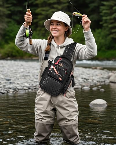 MATEIN Fishing Sling Bag with Lure Rod Holder & Phone Pouch, Waterproof 3600 Tackle Box Backpack with Removable Bait Binder - color: Black-pink