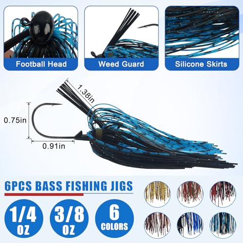 Bass Fishing Lures Kit Include Weedless Football Swim Jigs, Spinner Bait Skirts, Craw Soft Plastic Worms Grub Bait Set Fishing Lures for Bass Trout