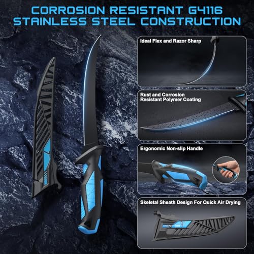 Fillet Knife Kit Combo, Fishing Knives and Honing Rod, Ultra-Sharp G4116 German Stainless Steel, Non-Slip Handle, Durable Storage Bag, Fishing Gifts for Men - color: Blue-3Pcs