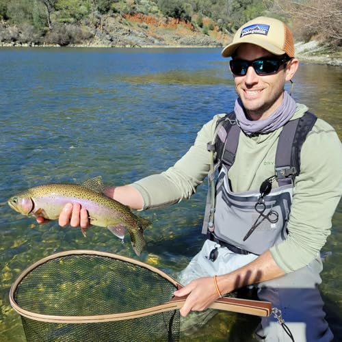 25.5in Fly Fishing Net, Trout Net with Wooden Handle, Soft Rubber Catch and Release Landing Net, Lightweight Fish Net with Safety Lanyard for Stream Creek River Fishing