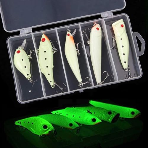 Glow Fishing Lures Bait Kit Luminous VIB Popper Crank Minnow Pencil Hard Bait with Treble Hook Night Fishing Bait Tackle Box