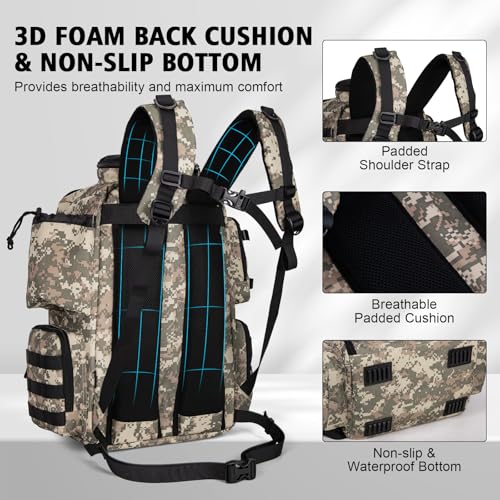 Goture Fishing Backpack,900D Water-Resistant Tackle Backpack with Rod Holders, SBS Zippers,45L Large Fishing Bag Storage Gear Tackle Bag with Rain Cover, Bottle Holder for Travel Camping Hiking - color: A1:3# Camo(Only Bag), size: Without Tackle Boxes