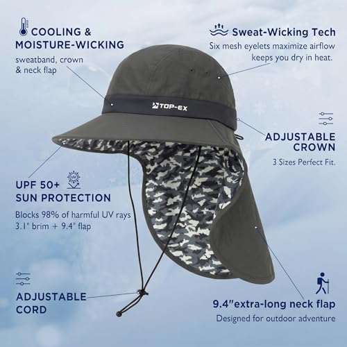 TOP-EX Cooling Sun Hat with Neck Flap – UPF 50+ Wide Brim Breathable Hat for Hiking, Fishing & Big Heads - color: Dark Grey - Fish Camo, size: Medium-Large