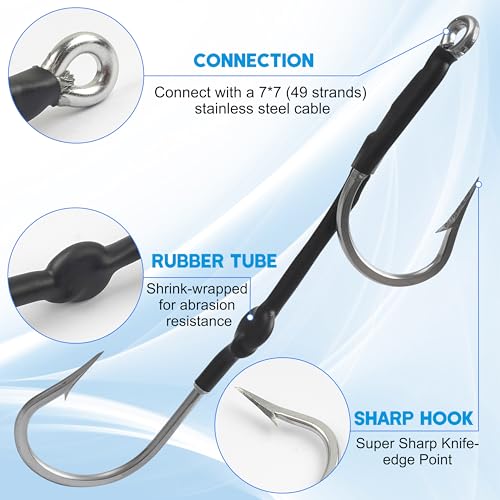 Double Hooks Rig for Trolling Chunking,4pcs Saltwater Trolling Hooks Stainless Steel Double Trolling Hooks Large Big Game Fishing Hooks for Marlin Shark Tuna Wahoo Dorado Fishing - size: 12/0-4pcs