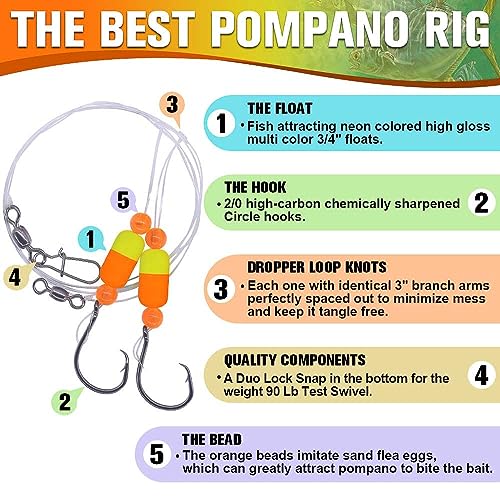 Pompano-Rigs-for-Surf-Fishing-Saltwater-Gear with Double Circle & Wide Gap Hook-6-Pack Surf Fishing Tackle - color: Orange and Yellow 3/4"Floats 6-Pack, size: 2/0 Circle Hook