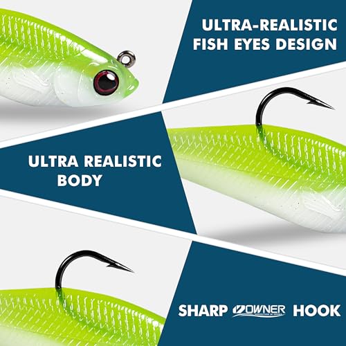 Pre-Rigged Soft Fishing Lures with Weedless Hook, Lifelike Paddle Tail Swimbaits for Bass Fishing, Freshwater & Saltwater Curly Type Tail Soft Plastic Baits for Bass, Pike, Trout, and Walleye. - color: A1-2.75"-0.4oz